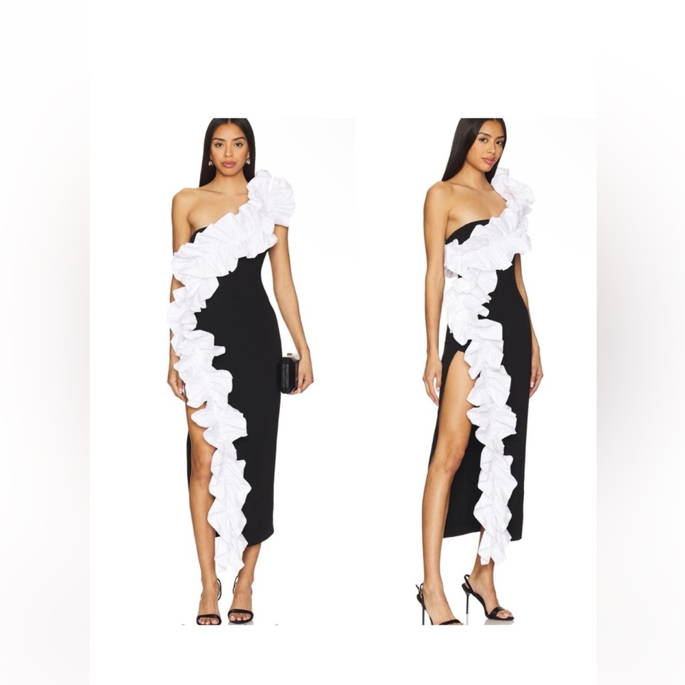 NBD The Sapphira Midi in Black & White One Shoulder Ruffle Dress size medium